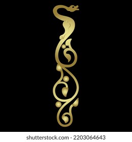 Vertical vintage design with fantastic dragon and floral vine swirls. Medieval illuminated manuscript motif. Golden glossy silhouette on black background.