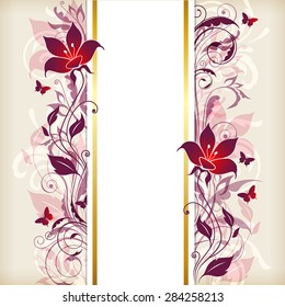 Vertical vintage floral banner with violet and pink flowers