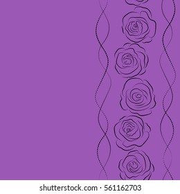 Vertical violet and black roses silhouette for fabric or embroidery with copy space (place for your text).