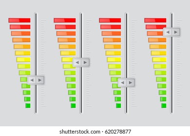 Vertical volume sliders. From minimum to maximum level. Vector 3d illustration