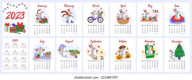 Vertical wall calendar for 2023 with symbol of the year - Rabbit in various scenes from life. Flat vector illustration. 