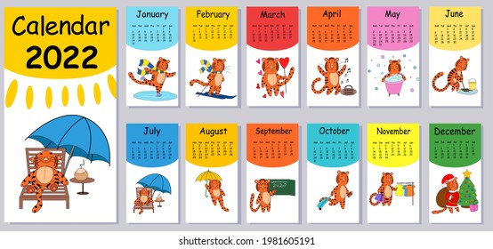 Vertical wall calendar design template for 2022, the year of the Tiger according to the Chinese calendar in English. The week starts on Monday. Vector flat illustration with a contour.
