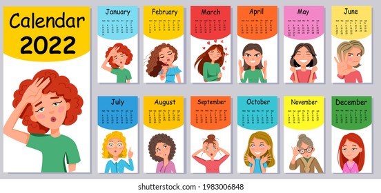 Vertical wall calendar design template for 2022. A set of cartoon-style emoticon stickers.