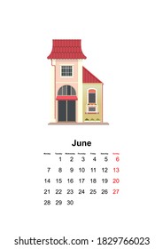 vertical wall calendar page for month 2021 cozy home on white background June