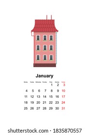 vertical wall calendar page for month 2021 cozy home on white background January