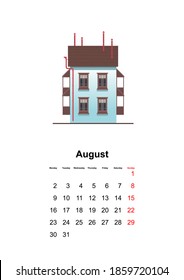 vertical wall calendar page for month 2021 cozy home on white background august,