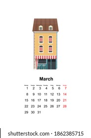 vertical wall calendar page for month 2021 cozy home on white background March