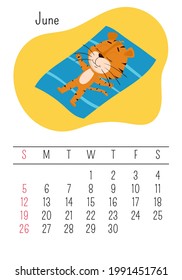 Vertical Wall calendar page template for June 2022 with a cartoon Chinese year symbol. The week starts on Sunday. Tiger sunbathes on the mat.
