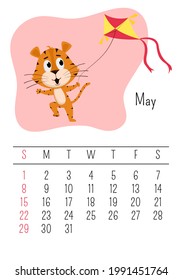 Vertical Wall calendar page template for May 2022 with a cartoon tiger symbol of the Chinese year. The week starts on Sunday. Tiger launches a kite.