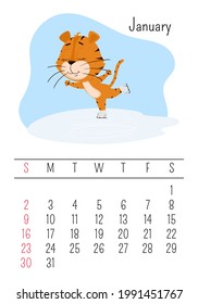 Vertical Wall calendar page template for January 2022 with a cartoon tiger symbol of the Chinese year. The week starts on Sunday. Tiger skating.