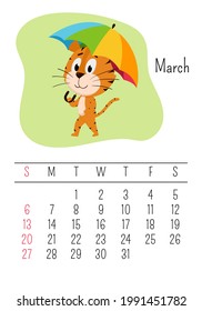 Vertical Wall calendar page template for March 2022 with a cartoon Chinese year symbol. The week starts on Sunday. Tiger walks under an umbrella.