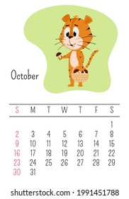 Vertical Wall calendar page template for October 2022 with a cartoon Chinese year symbol. The week starts on Sunday. Tiger collects mushrooms