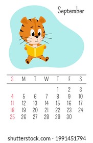 Vertical Wall calendar page template for September 2022 with a cartoon Chinese year symbol. The week starts on Sunday. Tiger reads a book
