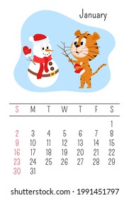 Vertical Wall calendar page template for January 2022 with the Chinese year symbol cartoon tiger. The week starts on Sunday. Tiger makes a snowman.