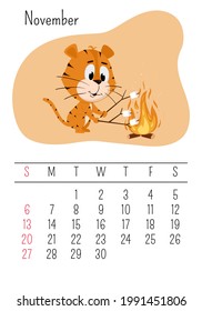 Vertical Wall calendar page template for November 2022 with a cartoon Chinese year symbol. The week starts on Sunday. Tiger roasts marshmallows on fire.