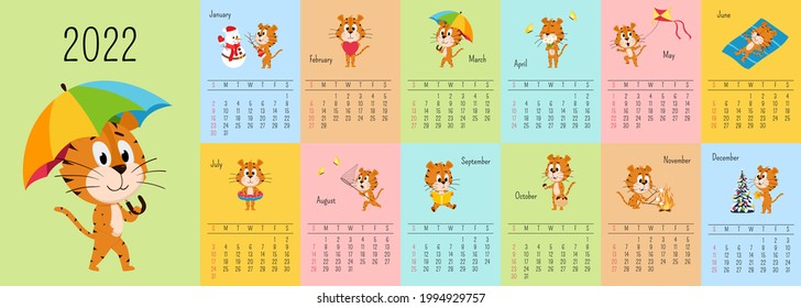 Vertical Wall Calendar Template 2022. Week starts on Sunday. Ready-to-print calendar with Chinese year symbol cartoon Tiger. A set of 12 pages and a cover. All months.Multi-colored background.