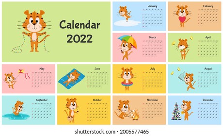 Plantilla de calendario de pared vertical 2022. La semana comienza el domingo. Calendario listo para imprimir con la caricatura del año chino Tiger. Un conjunto de 12 páginas y una portada. Todos los meses.Fondo multicolor.