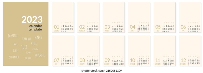 Vertical Wall Calendar Template For 2023 Year. Set Of 12 Months. Week Starts On Sunday. Planner In Minimalist Style With Place For Photo. Vector Editable Corporate And Business Calendar Page Template