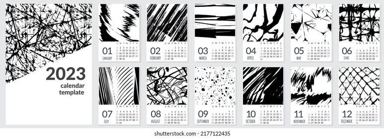 Plantilla de calendario de pared vertical para 2023 año. Conjunto de 12 meses. La semana comienza el domingo. Diseñador de estilo minimalista con lugar para la foto. Plantilla de página de calendario empresarial y comercial editable por vectores