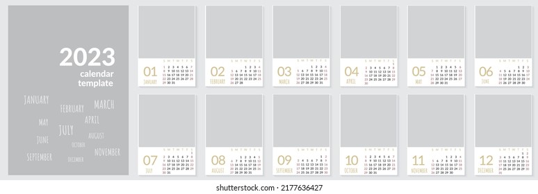 Plantilla de calendario de pared vertical para 2023 año. Conjunto de 12 meses. La semana comienza el domingo. Diseñador de estilo minimalista con lugar para la foto. Plantilla de página de calendario empresarial y comercial editable por vectores