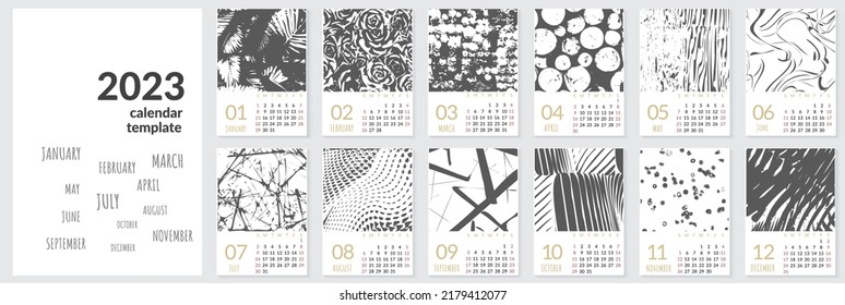 Vertical wall calendar template for 2023 year. Set of 12 months. Week starts on Sunday. Planner in minimalist style with place for photo. Vector editable corporate and business calendar page template