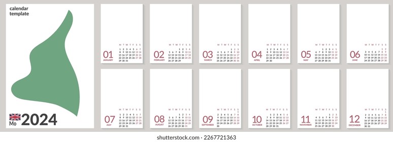 Vertical wall calendar template for 2024 year. Set of 12 months. Week starts on Monday. Planner in minimalist style with place for photo. Vector corporate and business calender page A4 A5 template