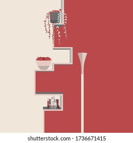 Vertical wall shelf cube, books on the shelf, a pot of flowers and a Cup of apples.The concept of interior wall or background
