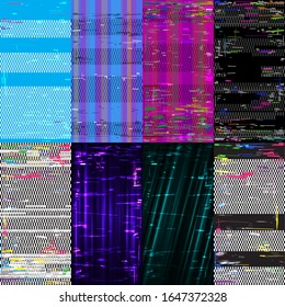 Vertical wallpaper glitch backgrounds set. Abstract technology smartphone backdrop. Promo advertising banner template