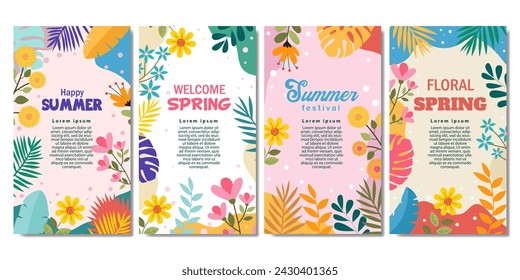 vertical wallpapers collection with spring leaves and flowers  background  for banner, social media  story,  cover. vector illustration