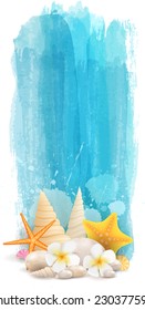 Vertical watercolor summer banner with seashells and starfishes