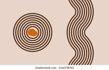 vertical wave parallels lines and circle, balanced zen garden, vector top view illustration