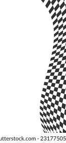 Vertical waving race flag or chessboard texture. Motocross, rally, sport car or chess game competition banner with copyspace. Warped black and white squares pattern. Checkered winding texture.