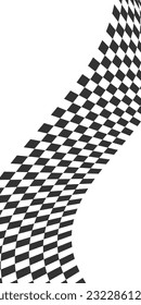 Vertical waving race flag or chessboard background. Motocross or chess competition wallpaper. Checkered winding texture. Warped black and white squares pattern. Vector illustration
