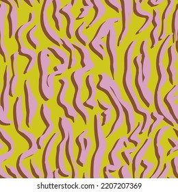 Líneas onduladas verticales abstractas cebra patrón de repetición sin costuras. Animales vectoriales por toda la superficie impresos sobre fondo verde lima.