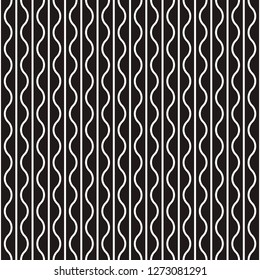 Vertical wavy lines seamless pattern. Abstract vector texture with waves, stripes, smooth bends. Monochrome background. Black and white repeat design for decor, tileable print, interior design.