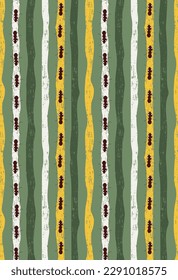 Vertical wavy lines with termites crawling on them. Ants and stripes seamless pattern vector illustration.