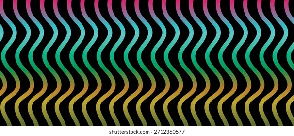 Vertikale wellenförmige Linien, die von Rosa zu Cyan, Grün und Gelb übergehen, erzeugen ein lebendiges Farbverlaufsmuster auf schwarzem Hintergrund und bilden eine abstrakte Illustration.