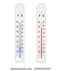 Vertical weather forecast mock up with celsius and fahrenheit scales realistic set isolated on white background vector illustration