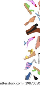 Vertical web banner with different types of modern trendy women shoes and empty space on white background. Fashionable and stylish shoes concept. Colored flat vector illustration