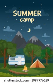 Vertical web banner for summer camp, nature tourism, camping, hiking, trekking, etc. Night landscape illustration with mountains, trees, tent and bonfire in flat style.