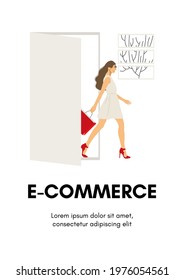 Vertical web banner templates with stages of online shopping. Set of scenes with woman buying goods. Colorful vector illustration in flat style.