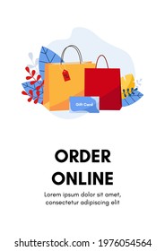 Vertical web banner templates with stages of online shopping. Set of scenes with woman buying goods. Colorful vector illustration in flat style.