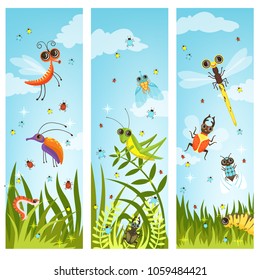 Vertical web banners with illustrations of cartoon insects. Insect in green nature, butterfly and dragonfly vector