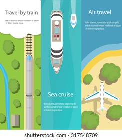 Vertical web banners with top view of train, ship, plane, flat vector icons. Travel and delivery concepts, vector illustration