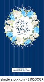 Vertical wedding card with hibiscus flowers and greeting text template. Vector illustration.