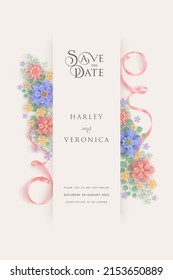 Vertical wedding invitation card with abstract layered beautiful flowers in paper cut style. Save the date wedding ceremony premium vector
