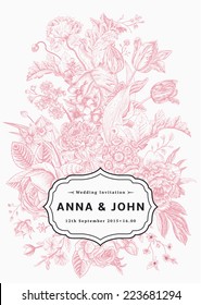 Vertical wedding invitation. Vintage card with garden flowers. Pink vector flowers with a black frame.