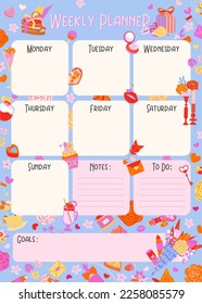 Vertical Weekly planner with hearts, gift box, rose flower, sweets, candle and drinks. Valentines day Template page on blue background. Cute Flat vector illustration for , holiday, wedding, birthday