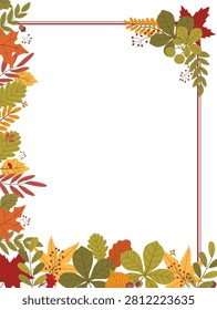 Vertical white backdrop bordered by bright fall foliage and a prominent bunch of green spiky chestnuts in the corner inside a thin red line frame. Vector illustration