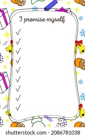 Fondo vertical blanco con elementos de Año Nuevo dibujados a mano y me prometo que me queda grabado